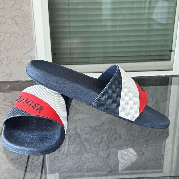 VTG Tommy Hilfiger Slide Sandals Mens 10 Blue USA Flag Y2K Preppy 90s - Picture 6 of 8